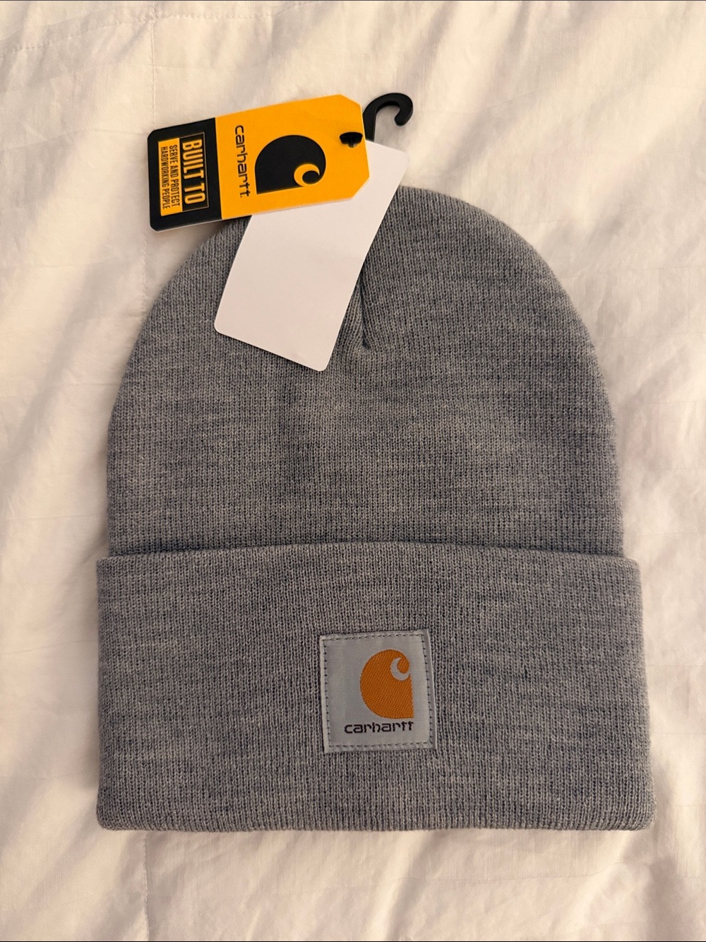 Carhartt Light Gray Cuffed Beanie with Yellow Patch